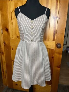 Striped Taupe & White Spaghetti Strap Mini Dress